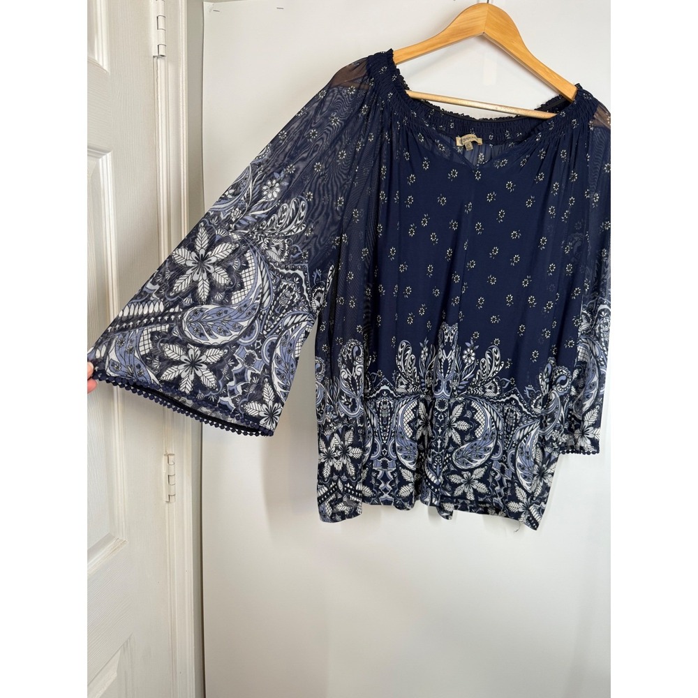 Democracy Womens Size 1X Navy Blue Floral Paisley Peasant Bell Sleeve Blouse Top - Picture 2 of 10